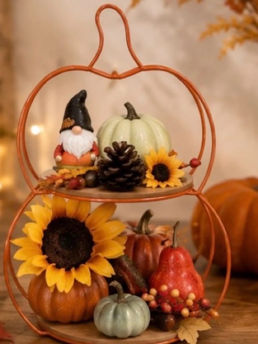 Pumpkin Two-Tier Serving Stand in Orange and Wood, Two-Tier Pumpkin Tray